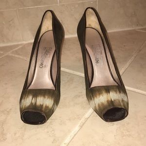 Authentic Ferragamo olive suede open toe heel